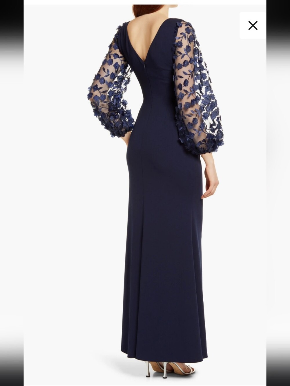 Eliza J Navy Long V-Back Gown with Sheer Floral Balloon Sleeves